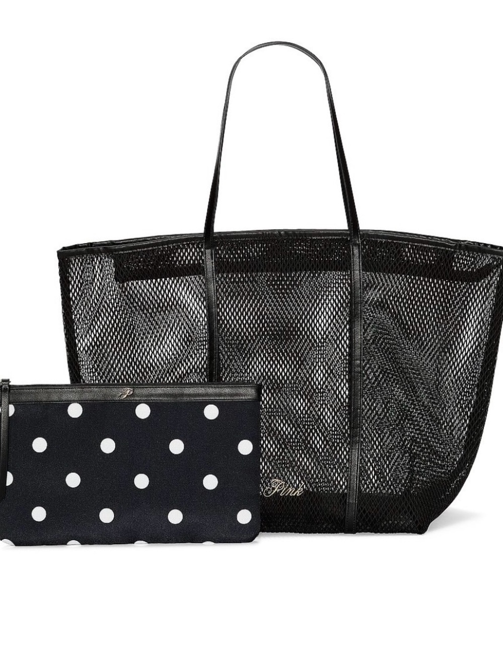 Black Mesh Tote Bag with Polka Dot Pouch